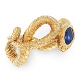 A SAPPHIRE SNAKE RING in high carat yellow gold, designed as the body of a snake, twisted and coiled