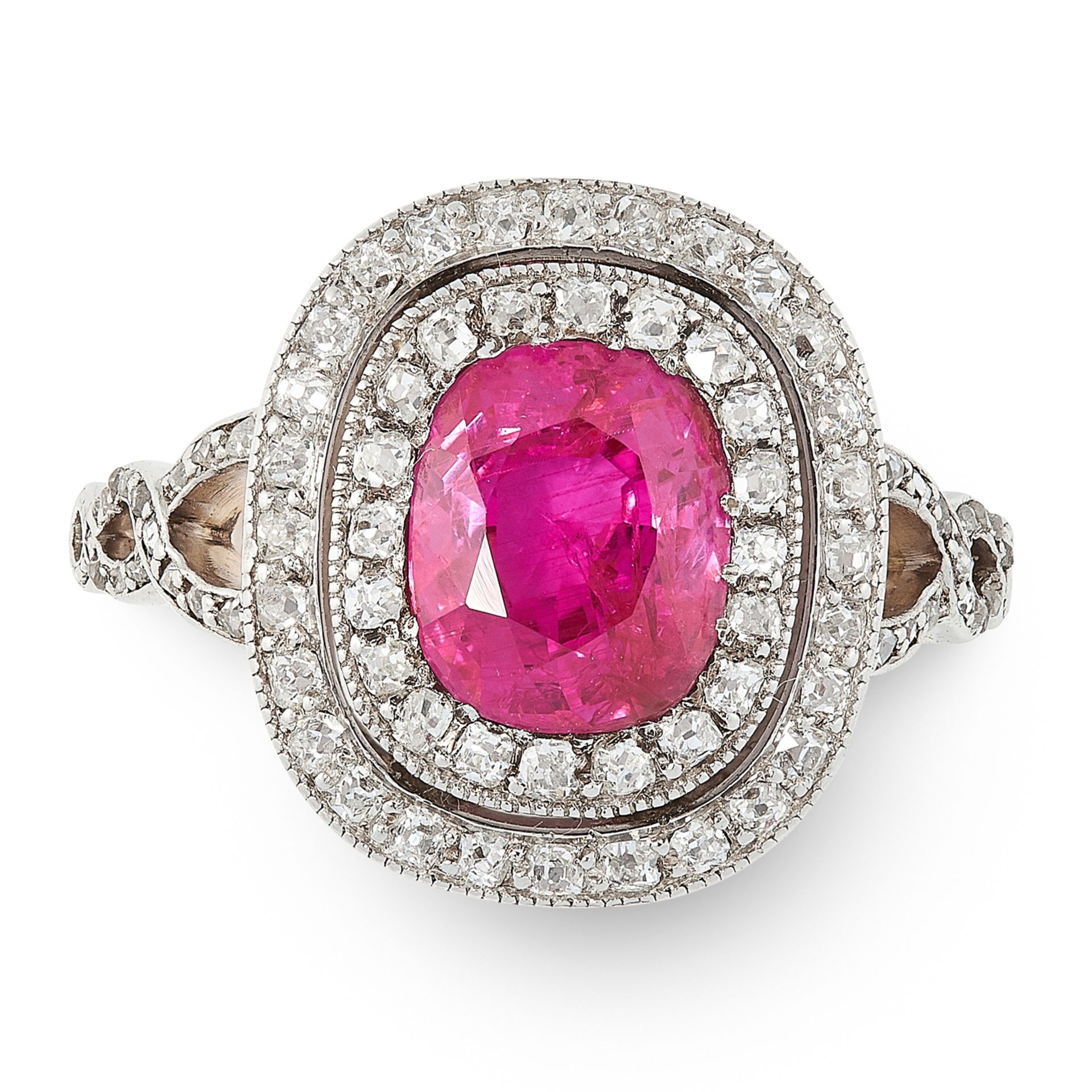 A BURMA NO HEAT RUBY AND DIAMOND RING in 18ct yellow gold, set with a cushion cut ruby of 2.85 - Bild 2 aus 2