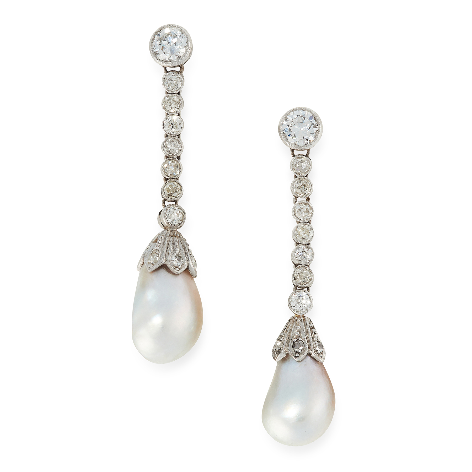 A PAIR OF NATURAL PEARL AND DIAMOND EARRINGS, EARLY 20TH CENTURY in 18ct white gold and platinum,