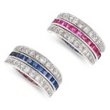 A SAPPHIRE, RUBY AND DIAMOND REVERSIBLE RING the central band half set each with rubies and