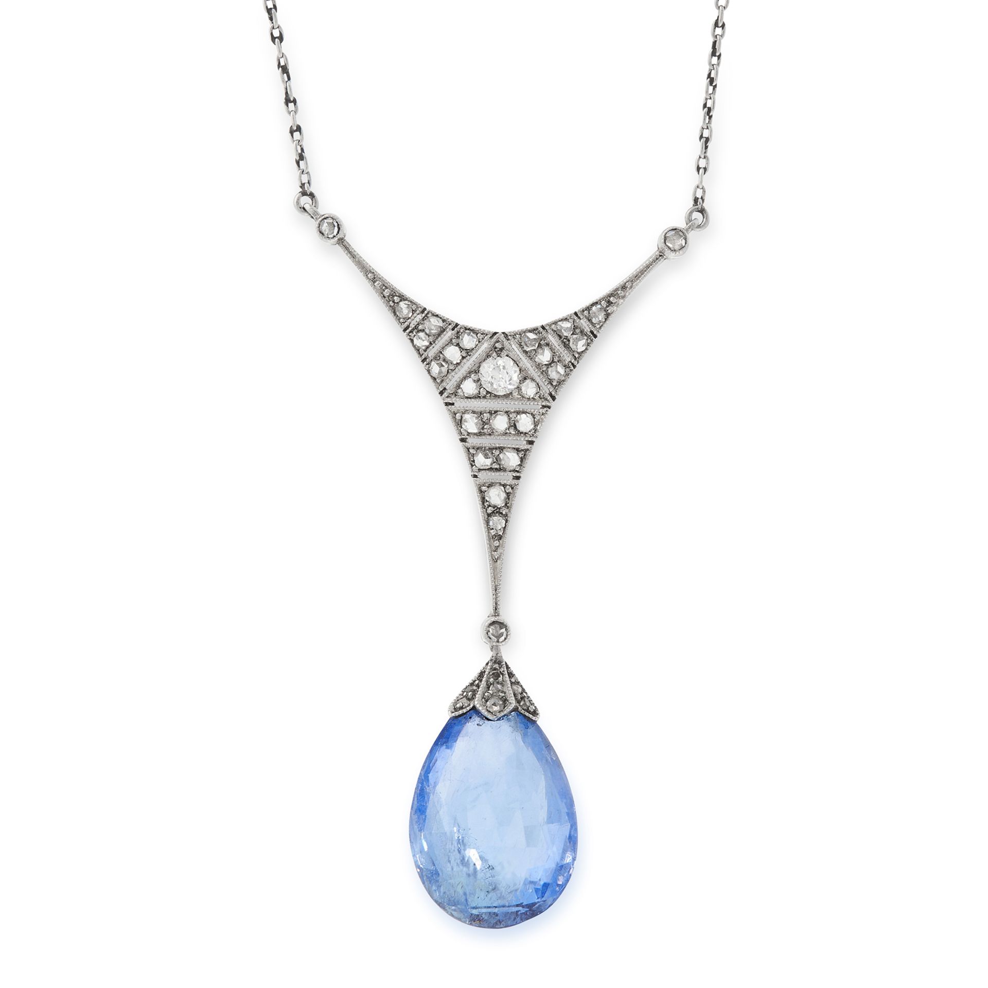 A CEYLON NO HEAT SAPPHIRE AND DIAMOND PENDANT NECKLACE, EARLY 20TH CENTURY in white gold, set with a - Image 2 of 2