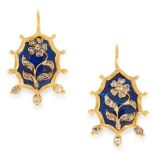 A PAIR OF ANTIQUE DIAMOND AND ENAMEL EARRINGS, 19TH CENTURY in yellow gold, each of scalloped