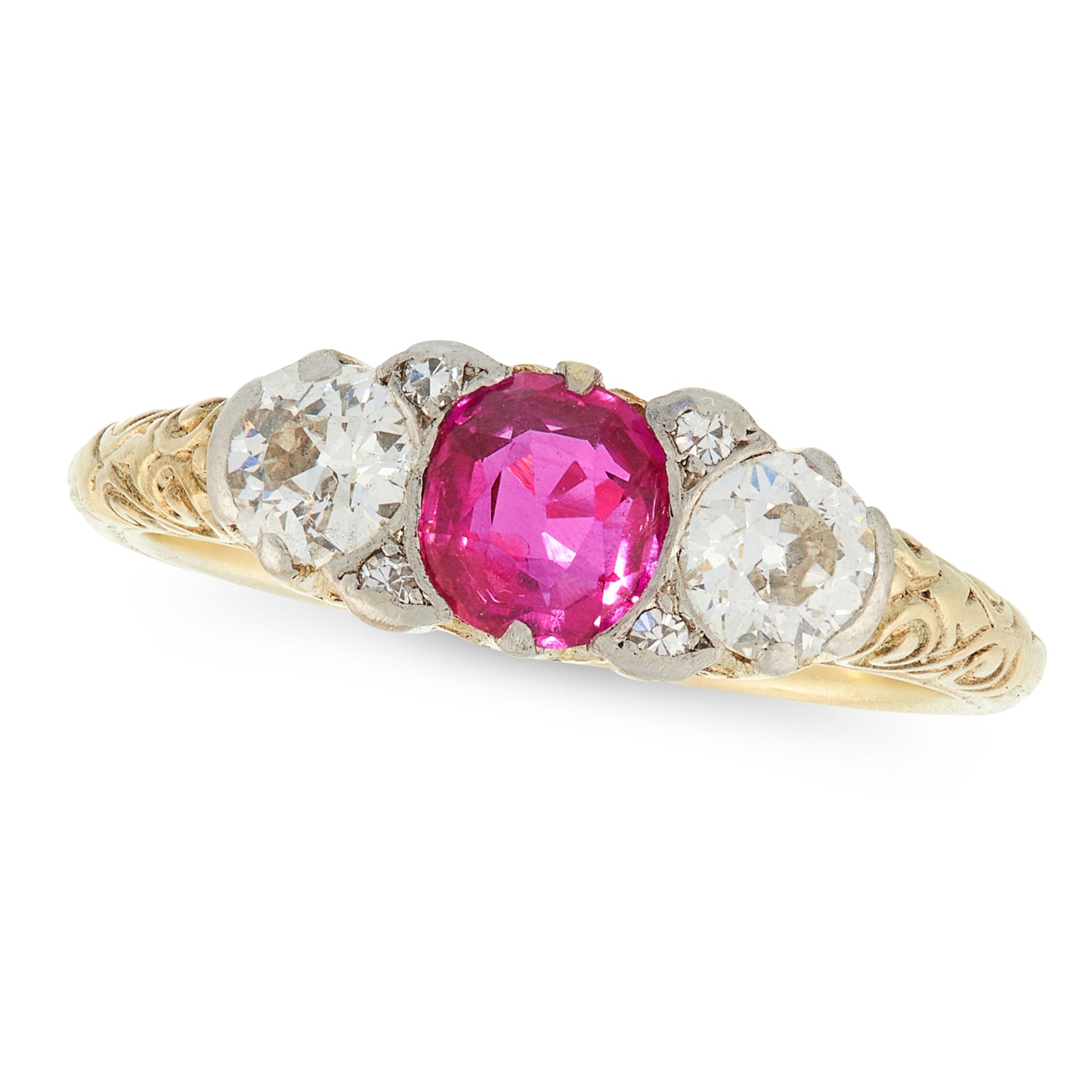 AN ANTIQUE BURMA NO HEAT RUBY AND DIAMOND RING in high carat yellow gold, set with a central cushion - Bild 2 aus 2