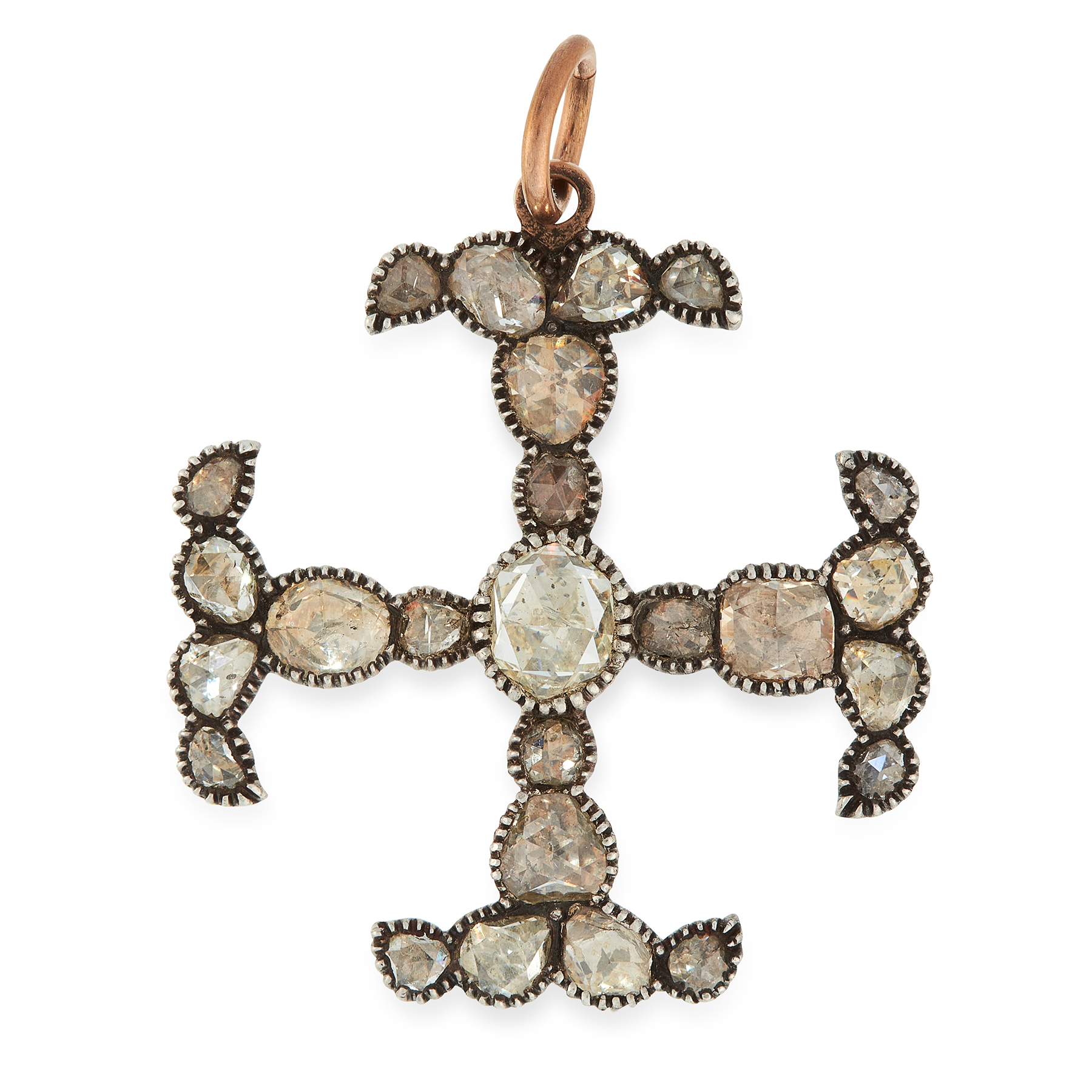 AN ANTIQUE DIAMOND CROSS PENDANT, 19TH CENTURY in yellow gold and silver, set with a central rose