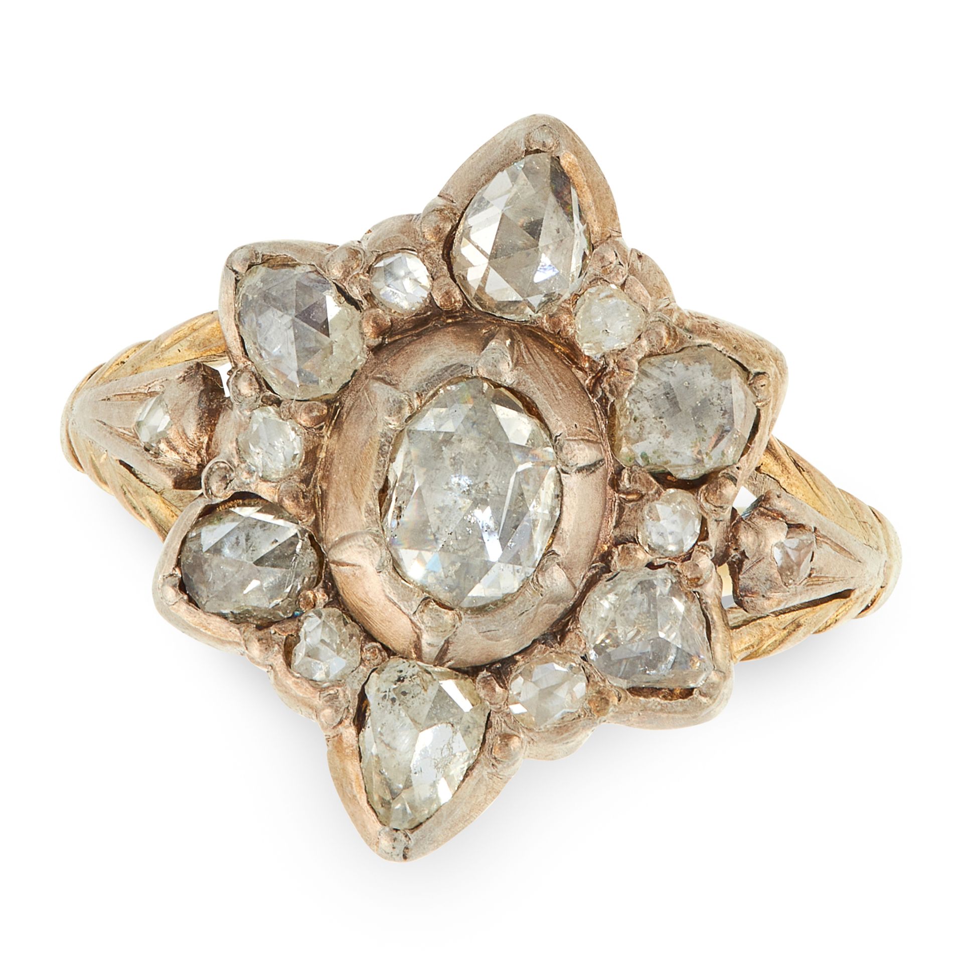 AN ANTIQUE DIAMOND RING, 19TH CENTURY in yellow gold and silver, set with a central rose cut diamond - Image 2 of 2