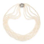 AN IMPORTANT NATURAL PEARL AND DIAMOND NECKLACE in yellow gold and silver, comprising five rows of f
