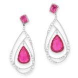 A PAIR OF RUBY AND DIAMOND DROP EARRINGS in 18ct white gold, in open framework design, set with