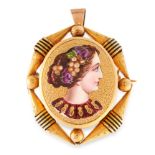 AN ANTIQUE ENAMEL AND PEARL PORTRAIT MINIATURE PENDANT / BROOCH in yellow gold, set with an