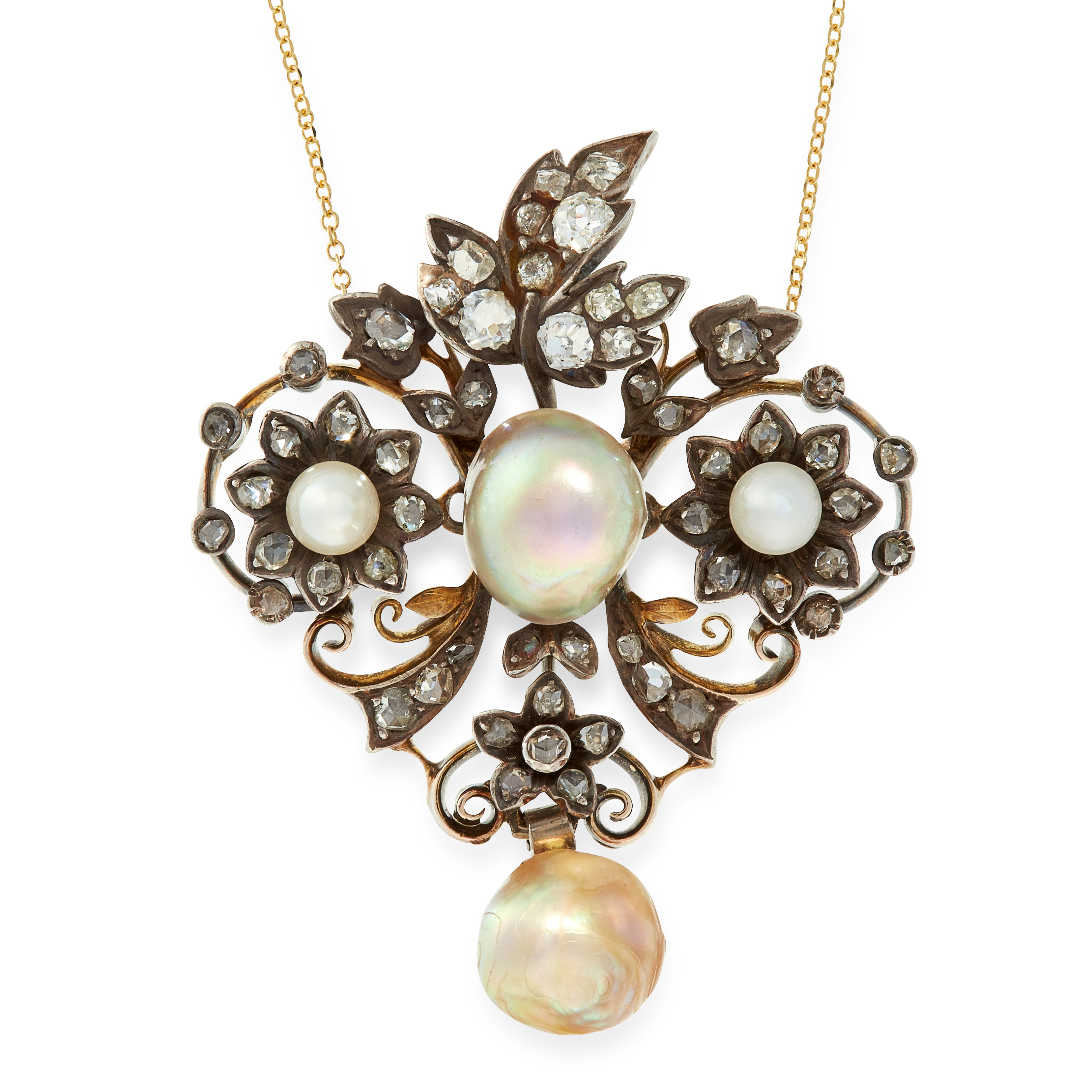 A NATURAL PEARL AND DIAMOND PENDANT AND CHAIN in open framework design, set with four pearls and old