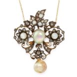 A NATURAL PEARL AND DIAMOND PENDANT AND CHAIN in open framework design, set with four pearls and old