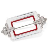 AN ART DECO ROCK CRYSTAL, DIAMOND AND ENAMEL BROOCH comprising of a rectangular piece of polished