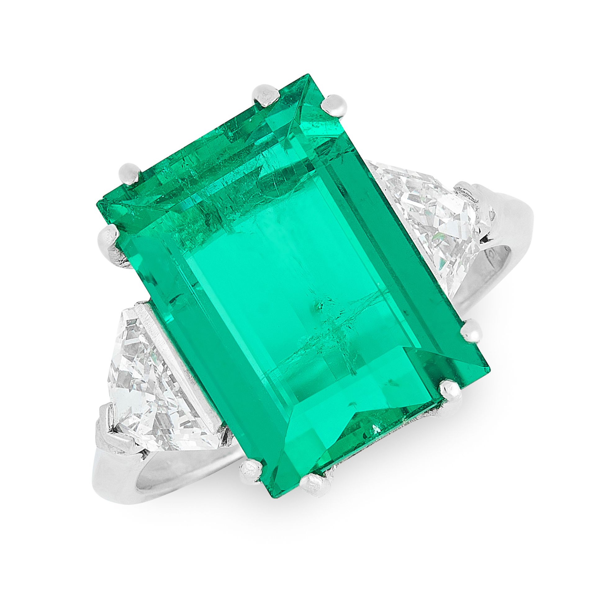A COLOMBIAN EMERALD AND DIAMOND RING in platinum, set with a step cut emerald of 7.19 carats,