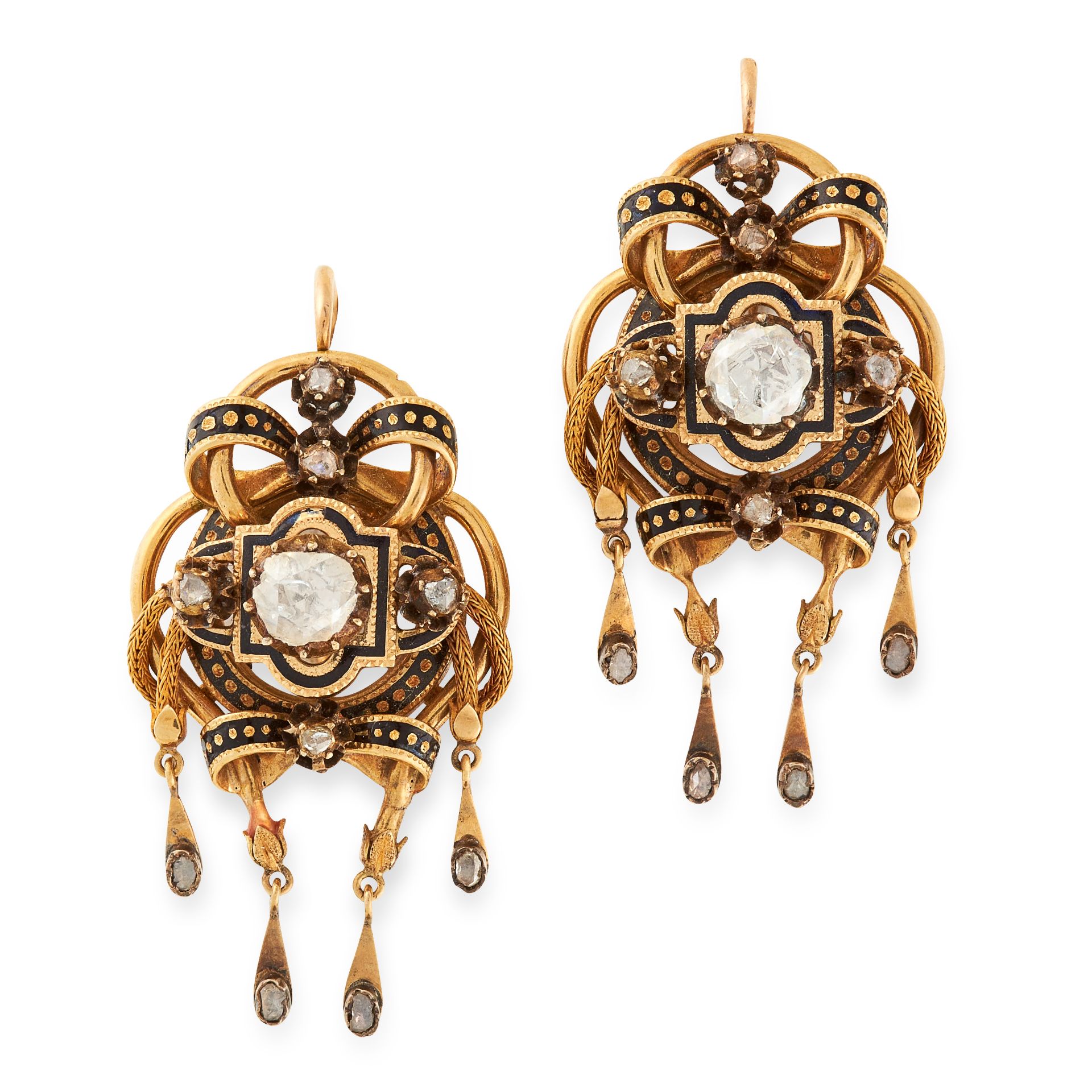 A PAIR OF ANTIQUE ENAMEL AND DIAMOND EARRINGS, 19TH CENTURY in 18ct yellow gold, set with central