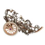 AN ANTIQUE DIAMOND, RUBY AND PEARL BROOCH in yellow gold and silver, designed as a cart filled