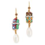 A PAIR OF ENAMEL, PEARL AND DAIMOND EARRINGS in yellow gold, set with fancy coloured diamonds,