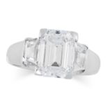 A 3.01 CARAT DIAMOND RING in 18ct white gold, set with an emerald cut diamond of 3.01 carats between