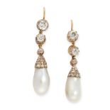 A PAIR OF ANTIQUE NATURAL PEARL AND DIAMOND EARRINGS in yellow gold and silver, each set with a drop