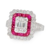 A RUBY AND DIAMOND DRESS RING in 18ct white gold, set with illusion set baguette cut diamonds in a