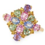 A PINK, PURPLE, GREEN AND BLUE SAPPHIRE RING in 9ct yellow gold, the diamond shaped face set with