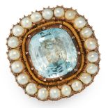 AN ANTIQUE AQUAMARINE AND PEARL RING in 18ct yellow gold, set with a cushion cut aquamarine in a