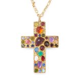 A JEWELLED BYZANTINE CROSS PENDANT AND CHAIN in 18ct yellow gold, designed as a byzantine style