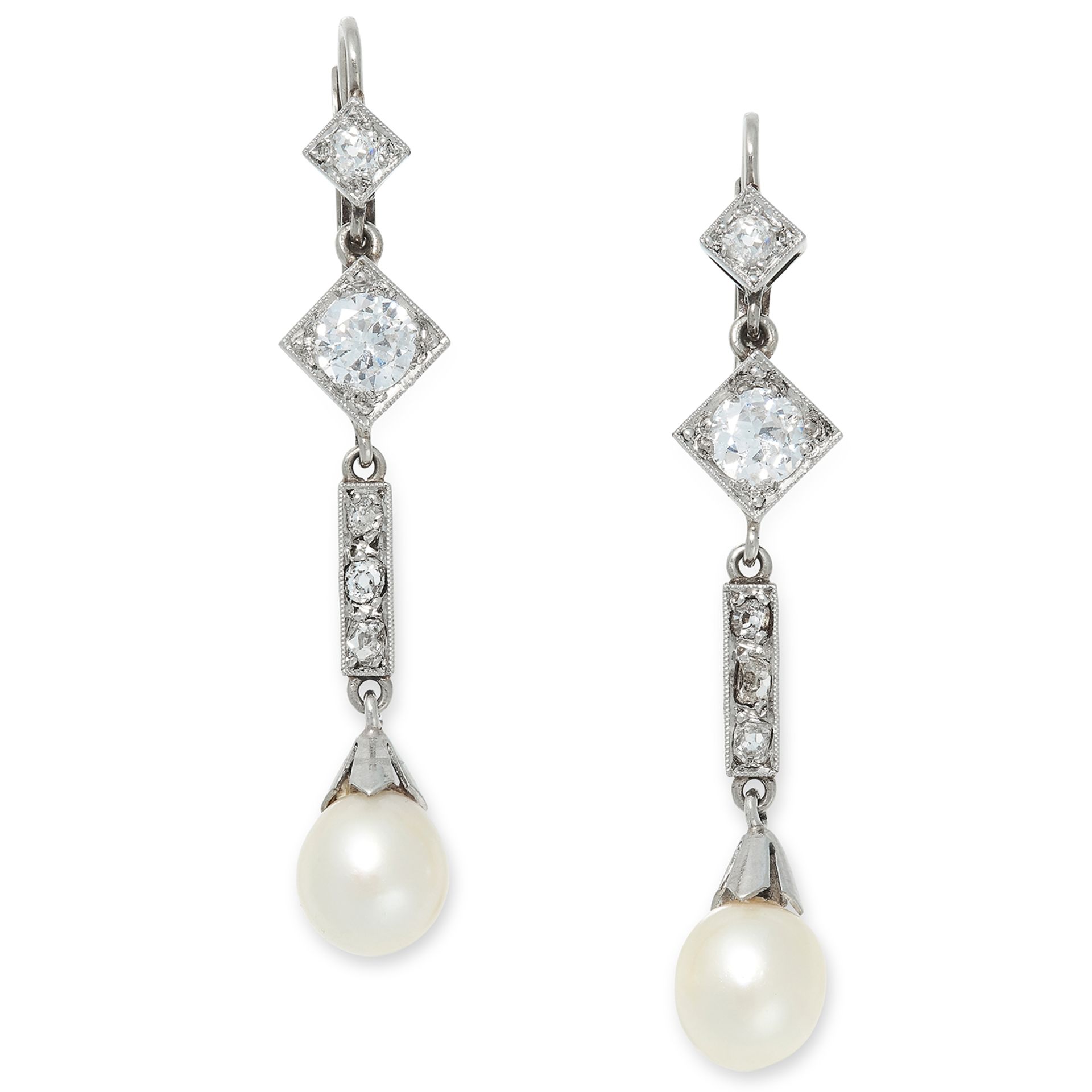 A PAIR OF ANTIQUE PEARL AND DIAMOND EARRINGS each set with a pearl of 7.6mm and 7.3mm suspended