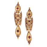 A PAIR OF ANTIQUE GARNET EARRINGS, SPANISH CIRCA 1800 in yellow gold, the articulated openwork