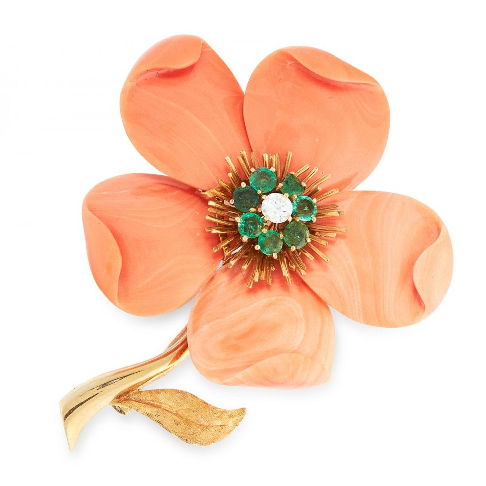 A VINTAGE CORAL, EMERALD AND DIAMOND CLEMATIS BROOCH, VAN CLEEF & ARPELS CIRCA 1965 in 18ct yellow