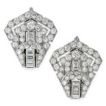 A PAIR OF VINTAGE DIAMOND CLIP EARRINGS the bodies of shield design, jewelled with step and round