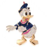 A SAPPHIRE, RUBY AND DIAMOND DONALD DUCK BROOCH in 18ct yellow gold, designed to depict Disney's