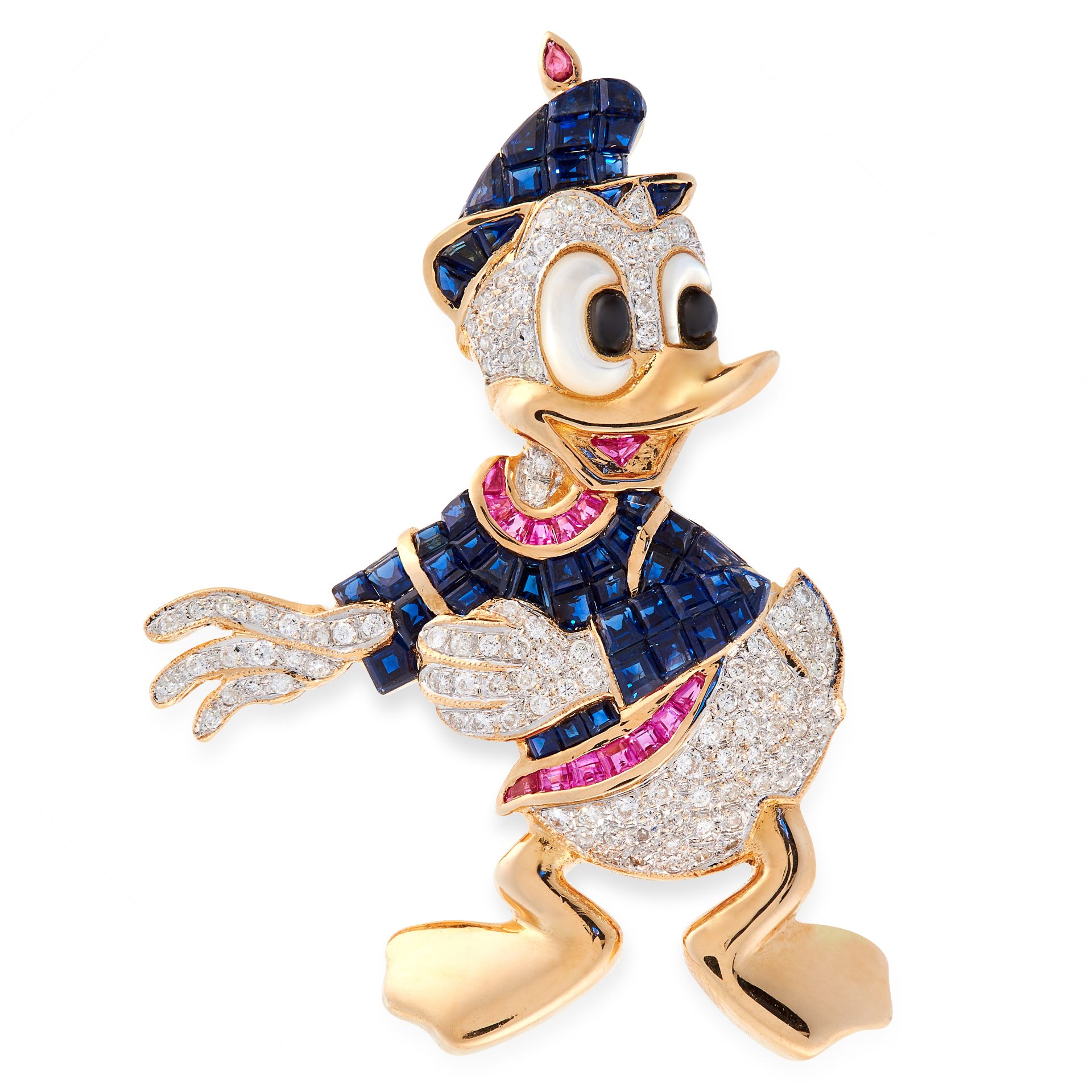 A SAPPHIRE, RUBY AND DIAMOND DONALD DUCK BROOCH in 18ct yellow gold, designed to depict Disney's