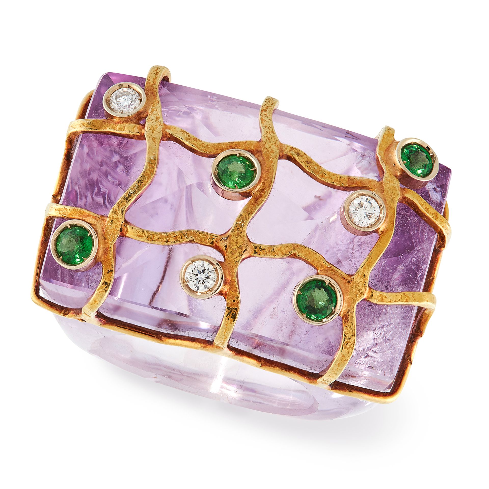 AN AMETHYST, DIAMOND AND TSAVORITE GARNET COCKTAIL RING comprising of a polished piece of