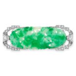 AN ART DECO JADEITE JADE AND DIAMOND BROOCH, EARLY 20TH CENTURY set with an elongated Chinese carved