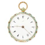 AN ANTIQUE ENAMEL POCKET WATCH AND KEY in circular design with a scalloped edge, set with