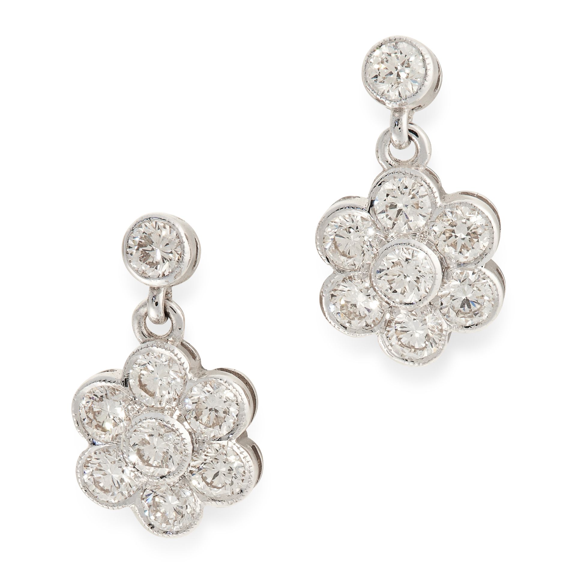 A PAIR OF DIAMOND FLOWER EARRINGS in 18ct white gold, each set with a round cut diamond,