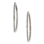 A PAIR OF DIAMOND HOOP EARRINGS set with round cut diamonds, unmarked, 4.2cm, 7.4g.