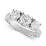 A DIAMOND THREE STONE RING in platinum, set with three round cut diamonds totalling approximately