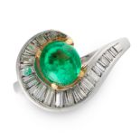 AN EMERALD AND DIAMOND RING in gold, set with a cabochon emerald and baguette cut diamonds,