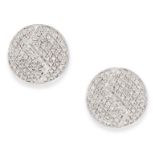 A PAIR OF DIAMOND EARRINGS in 18ct white gold, in circular design, pave set with round brilliant cut