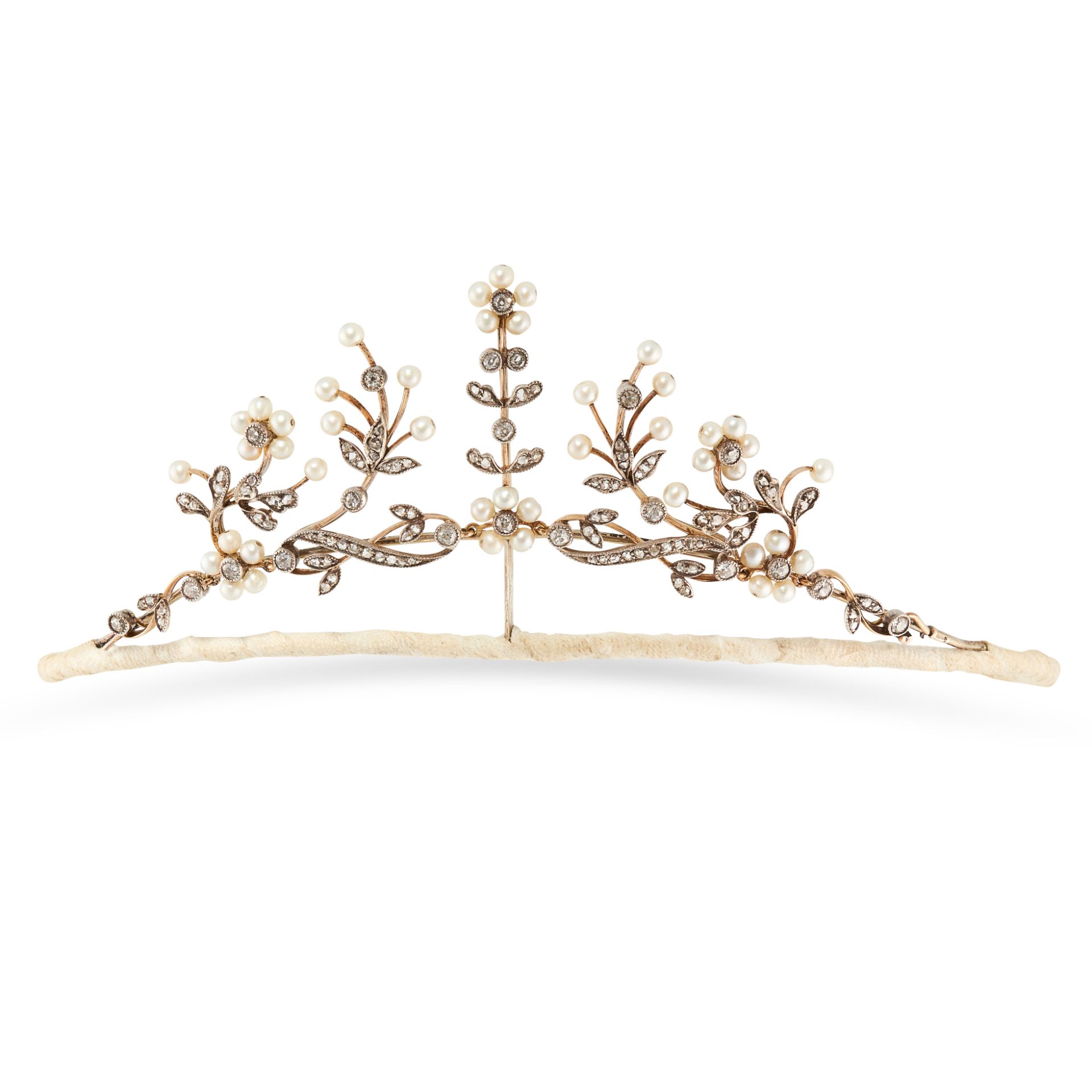 AN ANTIQUE PEARL AND DIAMOND TIARA, 19TH CENTURY in yellow gold and silver, the frame with applied
