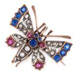 AN ANTIQUE SAPPHIRE, RUBY, DIAMOND AND PEARL BUTTERFLY BROOCH in yellow gold and silver, designed as