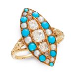 AN ANTIQUE DIAMOND, TURQUOISE AND PEARL RING, 19TH CENTURY in yellow gold, the navette face set with