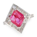 A 2.12 CARAT BURMA NO HEAT RUBY AND DIAMOND RING in white gold, set with a kite shaped fancy cut