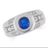 A SAPPHIRE AND DIAMOND DRESS RING, CIRCA 1940 in platinum, set with a cushion cut sapphire,