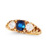 A SAPPHIRE AND DIAMOND DRESS RING in 18ct yellow gold, set with a central cushion cut sapphire of