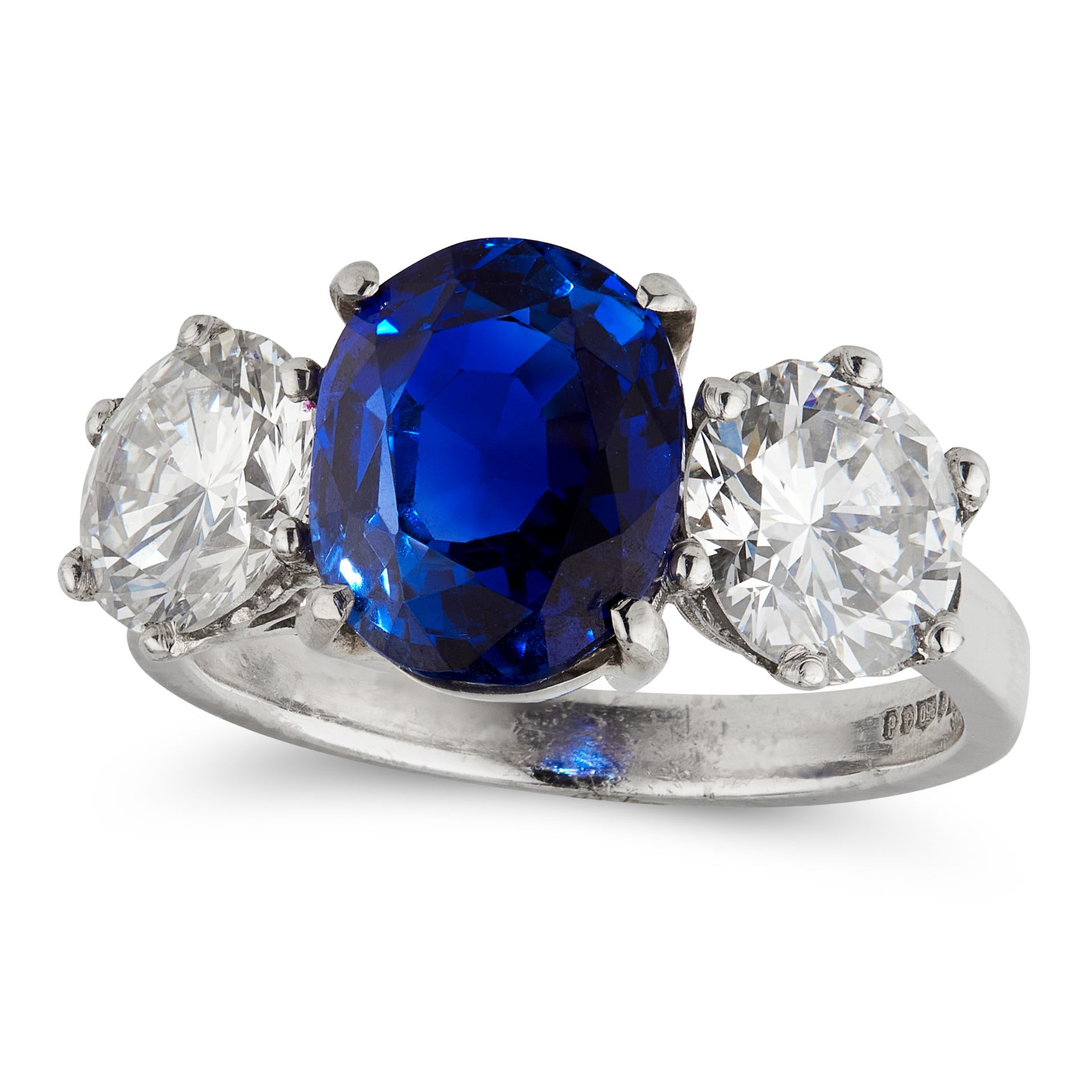 A BURMA NO HEAT SAPPHIRE AND DIAMOND RING in platinum, set with a cushion cut blue sapphire of 4.
