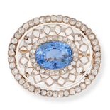AN ANTIQUE CEYLON NO HEAT SAPPHIRE, DIAMOND AND ENAMEL BROOCH, LATE 19TH CENTURY in yellow gold