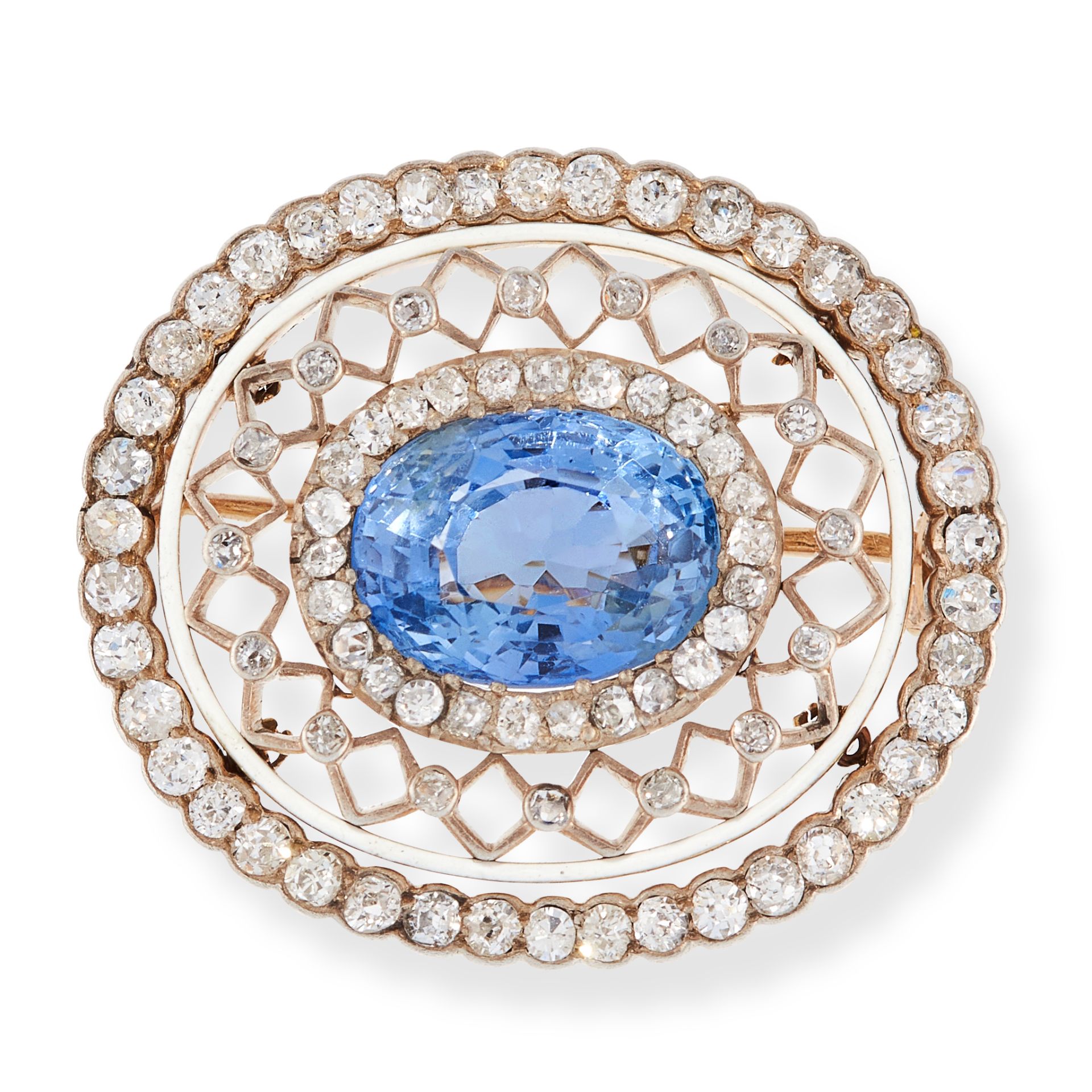AN ANTIQUE CEYLON NO HEAT SAPPHIRE, DIAMOND AND ENAMEL BROOCH, LATE 19TH CENTURY in yellow gold
