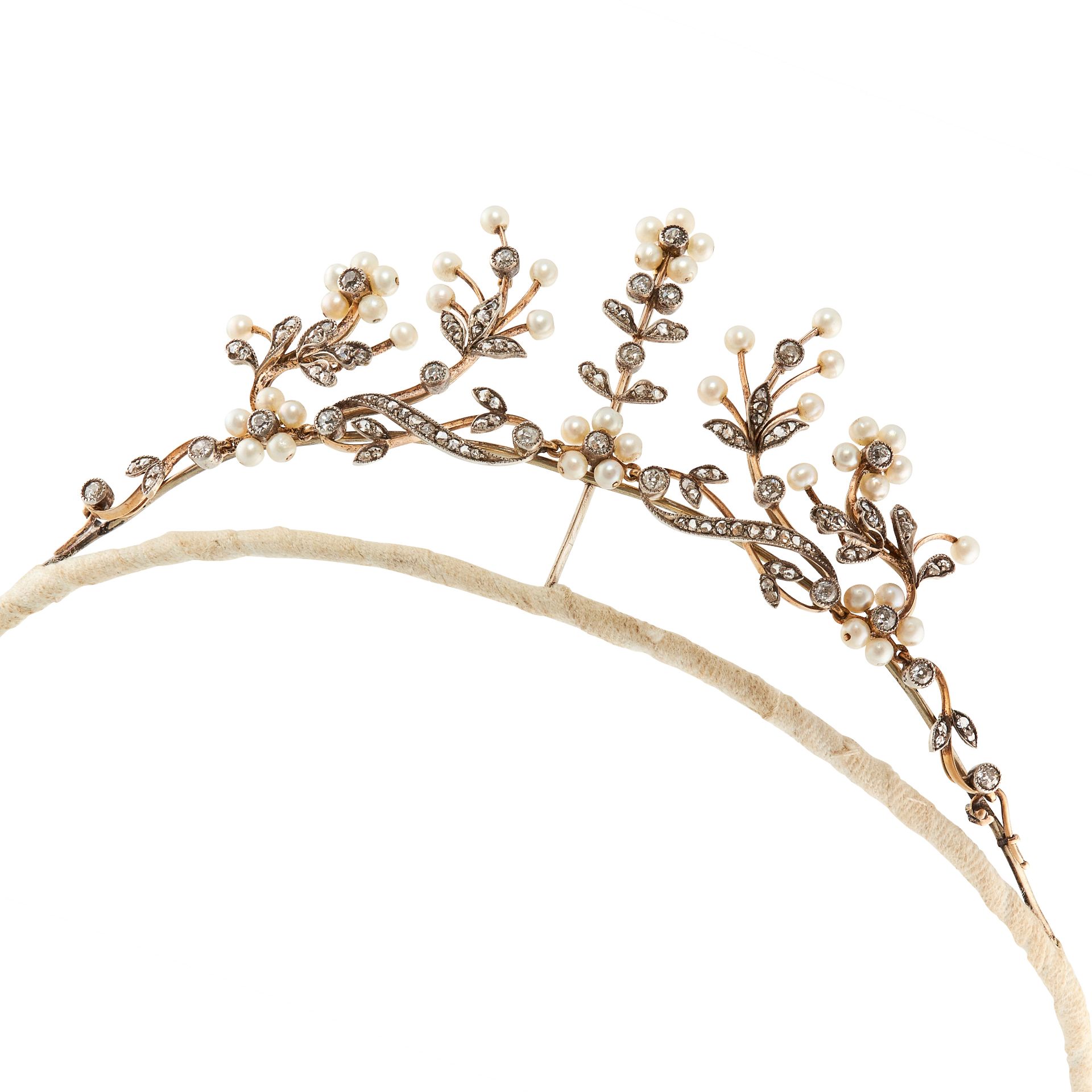 AN ANTIQUE PEARL AND DIAMOND TIARA, 19TH CENTURY in yellow gold and silver, the frame with applied - Image 2 of 2