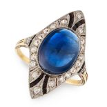 A SAPPHIRE, ONYX AND DIAMOND DRESS RING, CIRCA 1930 in 14ct yellow gold, set with an oval cabochon